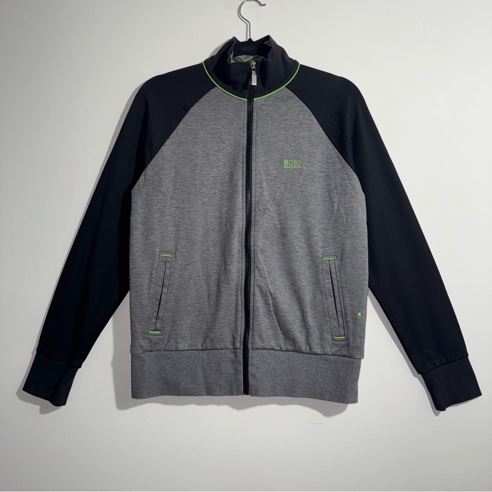 Hugo Boss Full‎ Zip Track Jacket Gray Black Green Trim Size Small